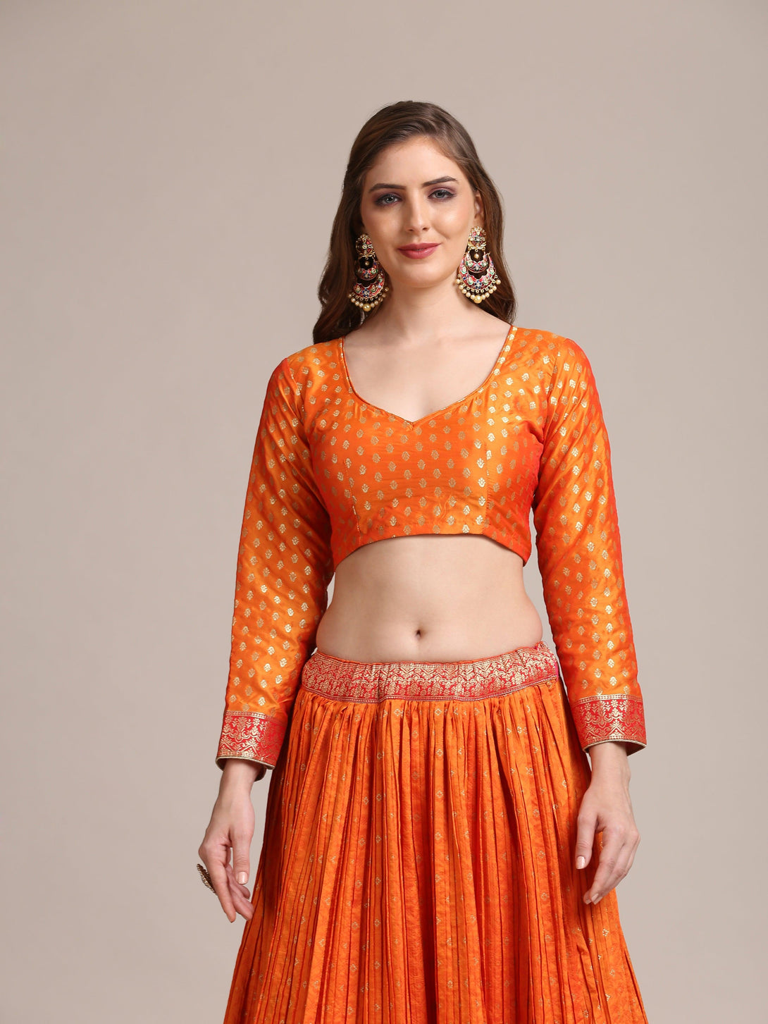 Orange Gold Woven Pleated Lehenga Choli in Ethnic Pattern - Indiakreations