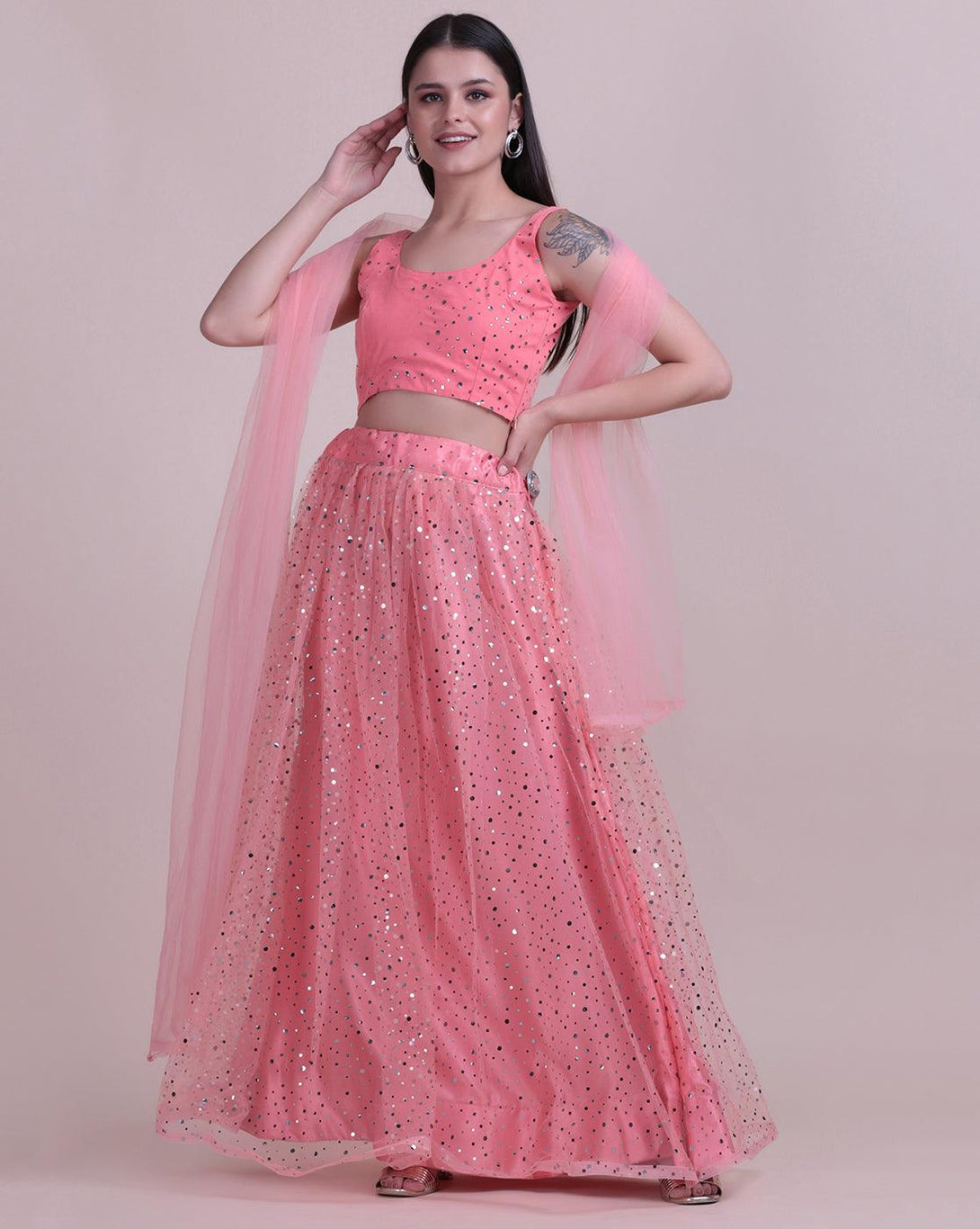 Peach Heavy Net Lehenga Choli Semi-Stitched with Sequins - Indiakreations