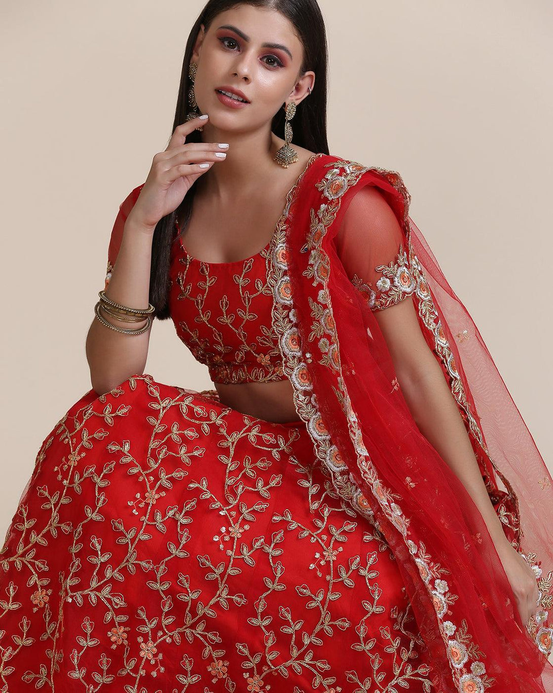 Red Net Lehenga Choli with Heavy Gold Embroidery - Indiakreations