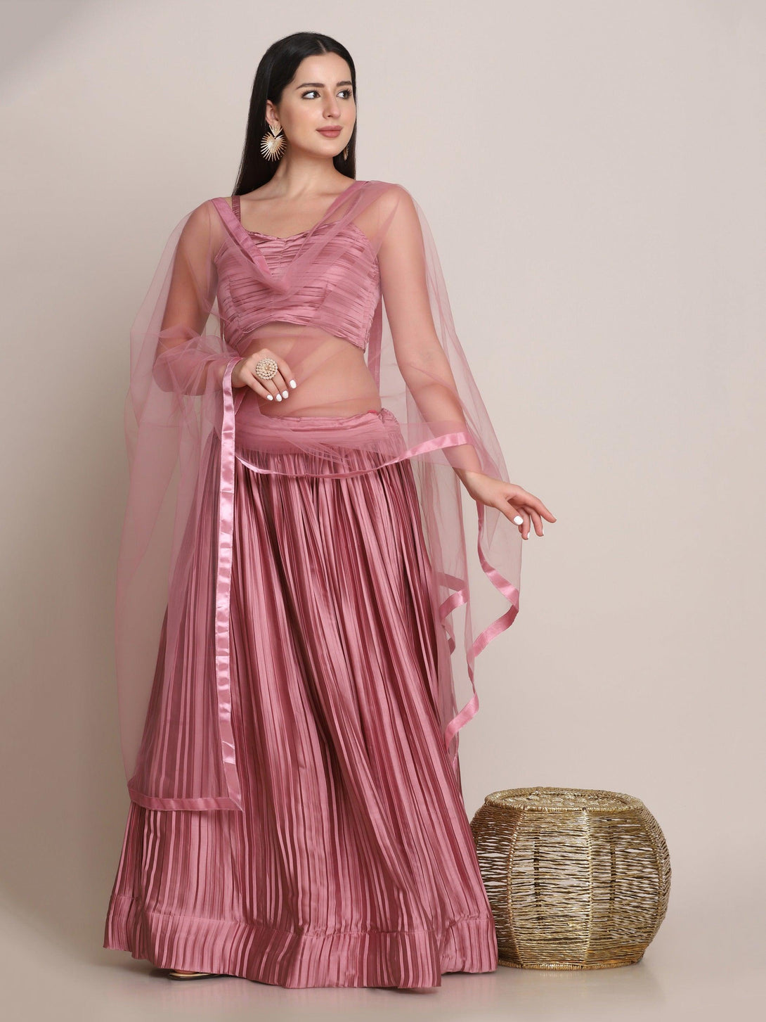 Light Pink Pleated Solid Lehenga Choli - Indiakreations