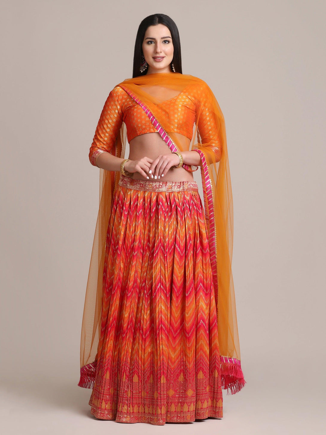 Orange Silk Blend Pleated Lehenga Choli with Zari Work - Indiakreations