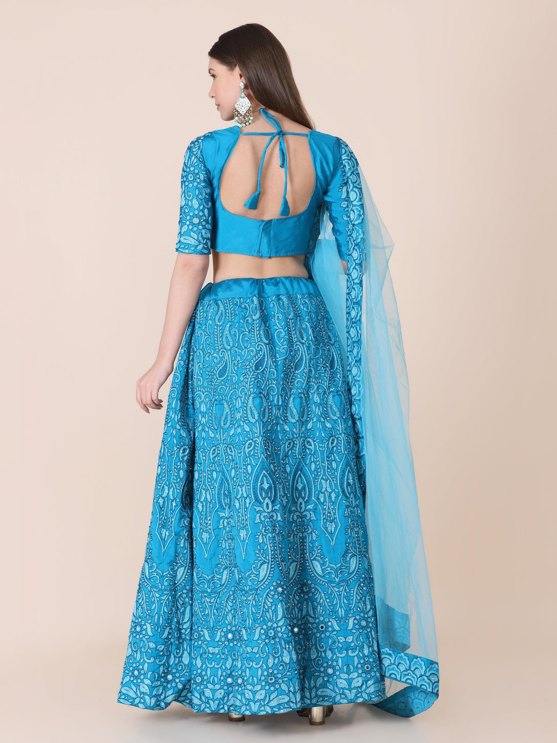 Sea Green Taffeta Silk Lehenga Choli with Floral Embroidery - Indiakreations