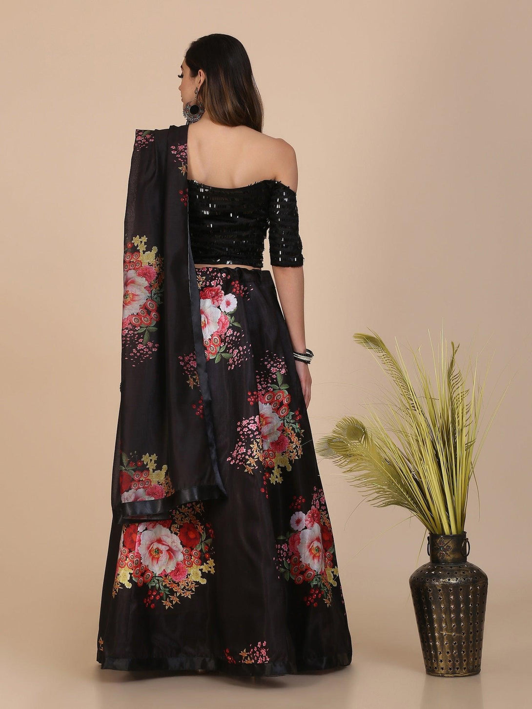 Black Floral Print Banglory Silk Lehenga Choli - Indiakreations