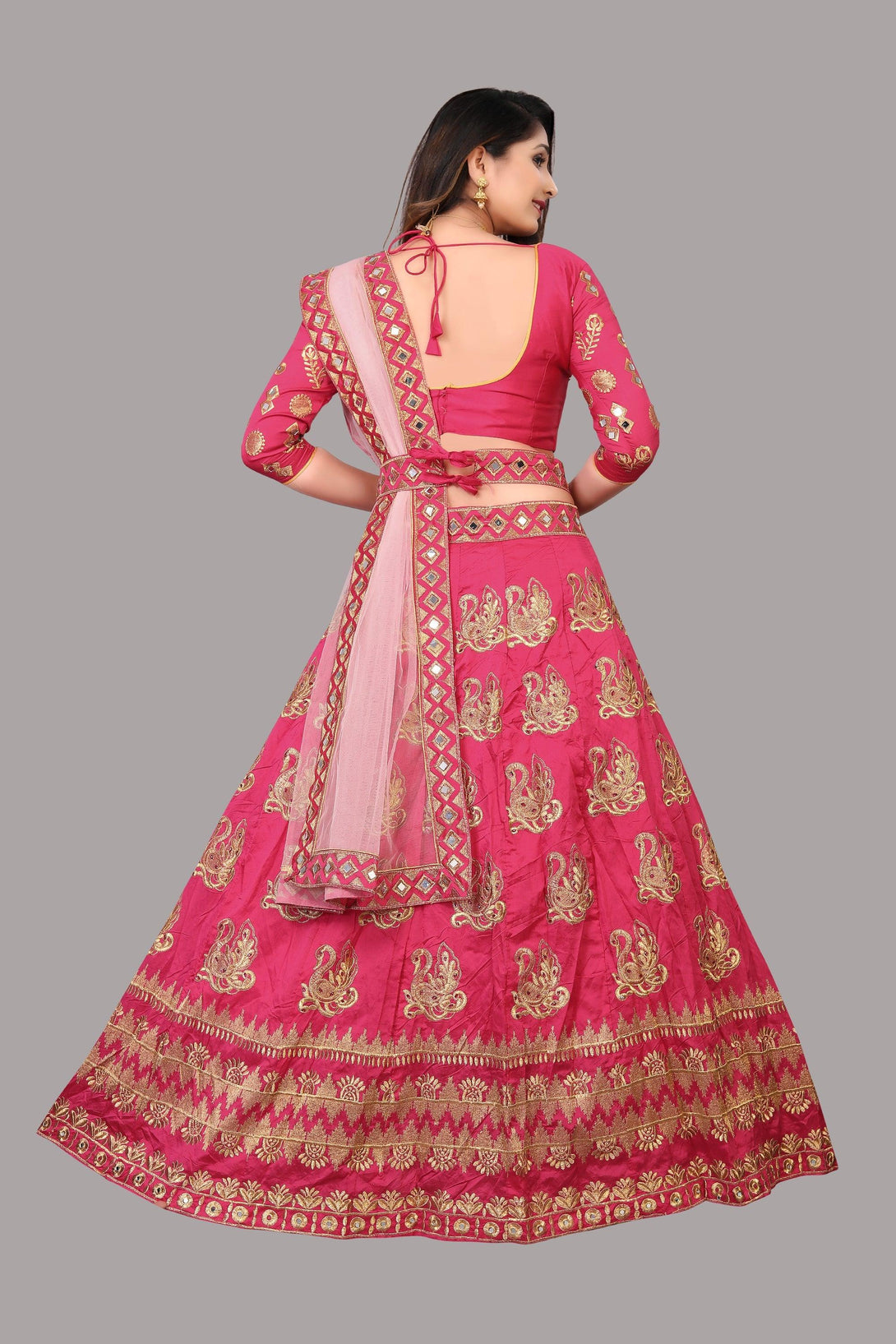 Semi-Stitched Pink Taffeta Silk Lehenga Choli - Indiakreations