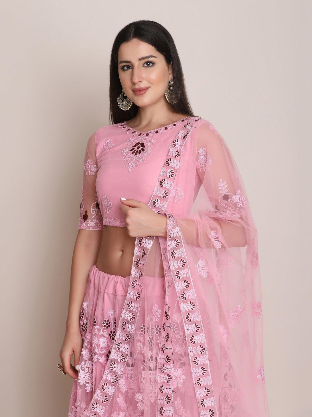 Light Pink Net Lehenga Choli with Floral Embroidery - Indiakreations