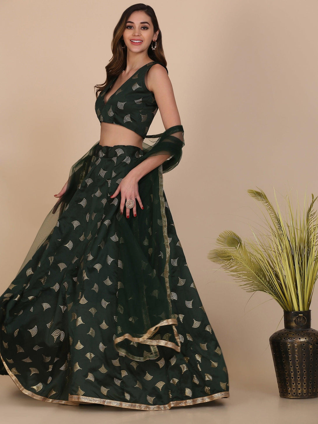 Green Taffeta Silk Lehenga Choli with Foil Work - Indiakreations