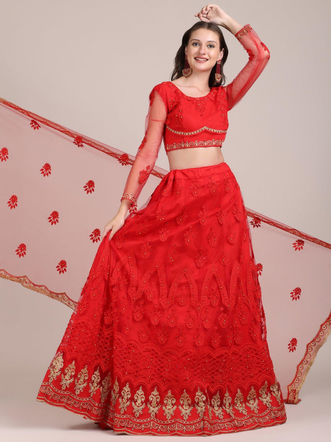 Red Semi-Stitched Net Lehenga Choli with Golden Embroidery - Indiakreations