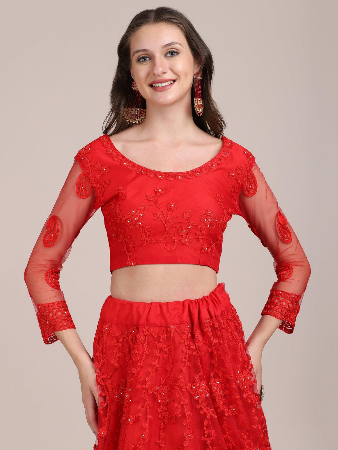 Red Net Lehenga Choli with Floral Embroidery - Indiakreations