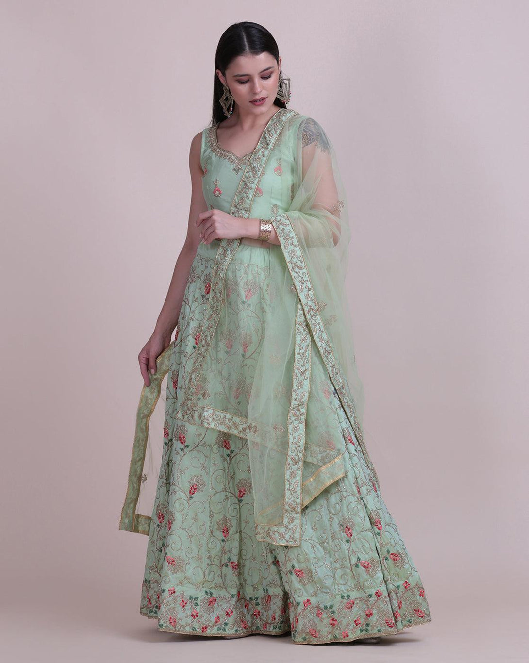 Light Green Taffeta Silk Lehenga Choli with Floral Embroidery - Indiakreations