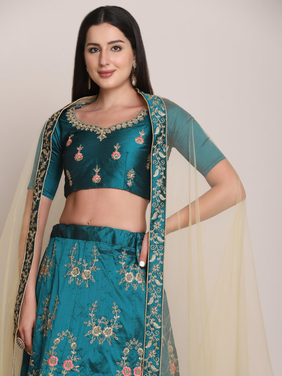 Sea Green Taffeta Silk Embroidered Lehenga Choli - Indiakreations