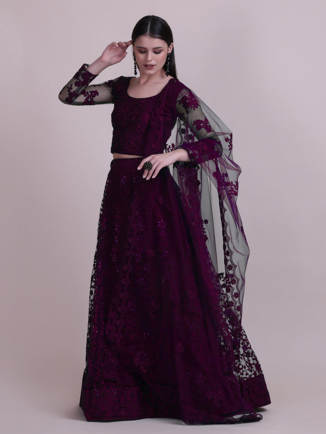 Purple Net Lehenga Choli with Floral Embroidery - Indiakreations