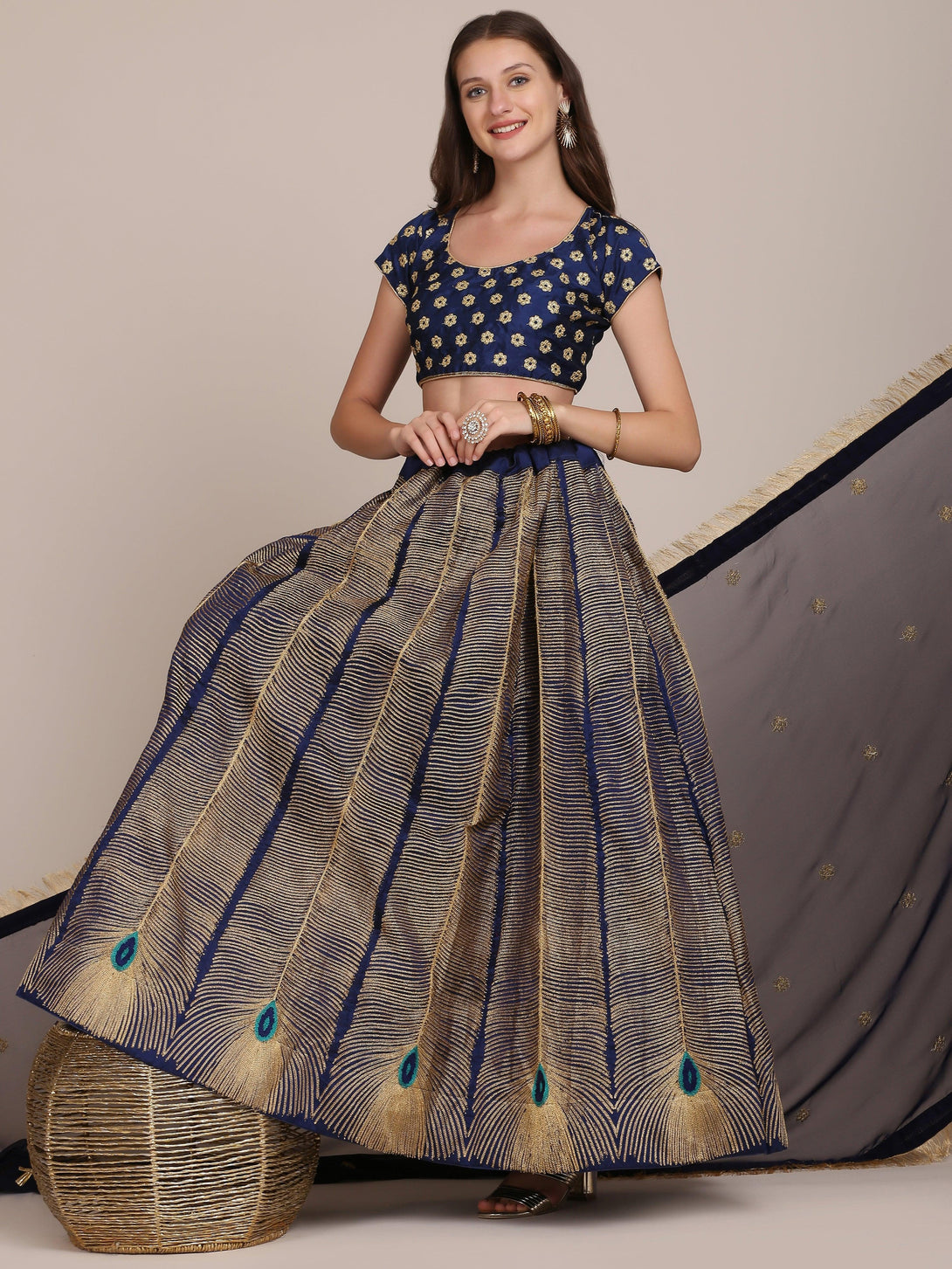 Navy Blue Morpankh Print Banglory Silk Lehenga Choli - Indiakreations