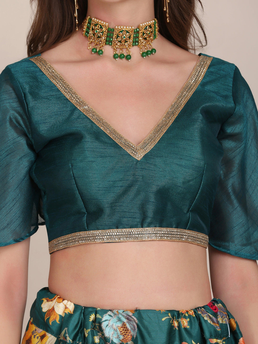 Sea Green Floral Print Banglory Silk Lehenga Choli - Indiakreations