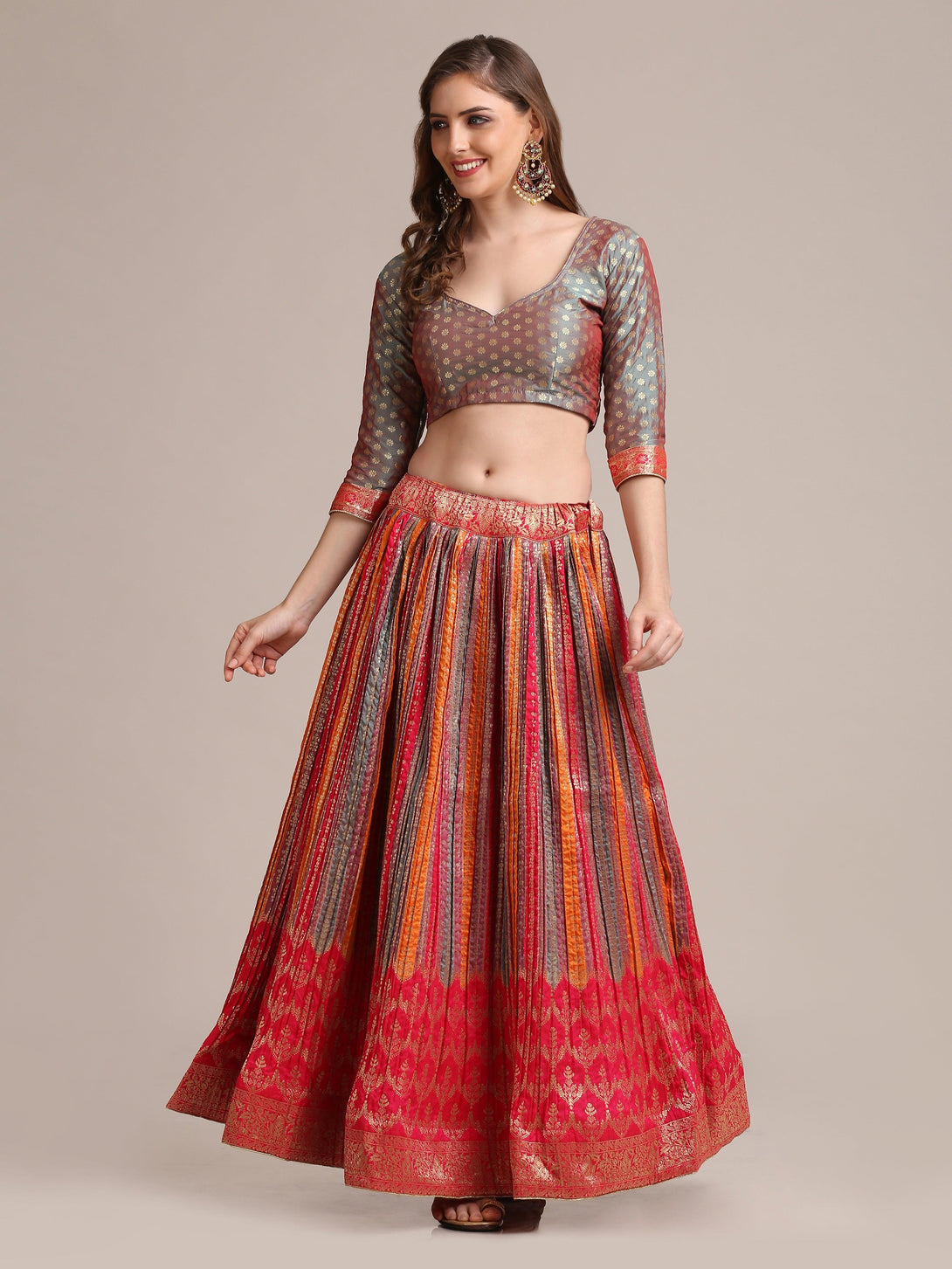 Multi Colour Gold Woven and Pleated Lehenga Choli - Indiakreations