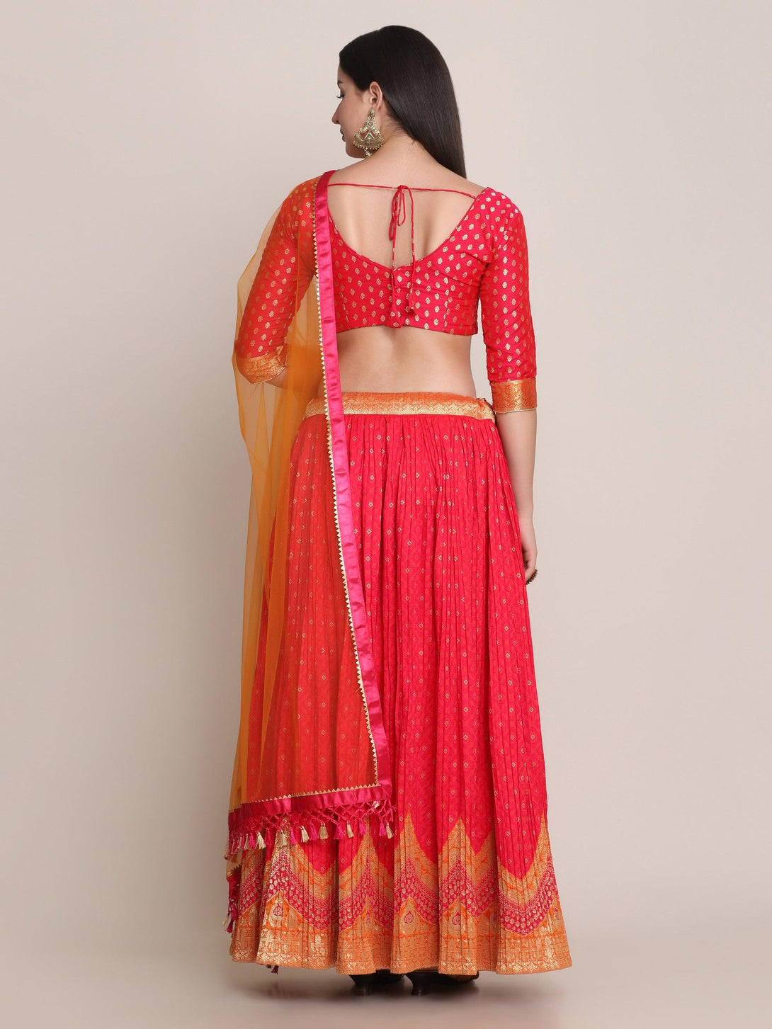 Pink Silk Blend Lehenga Choli with Gold Zari Work - Indiakreations