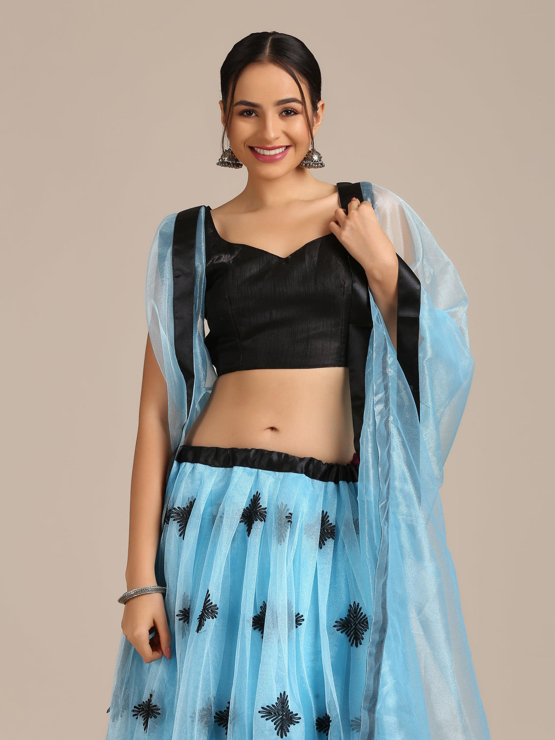 Light Blue Heavy Net Lehenga Choli Semi-Stitched - Indiakreations