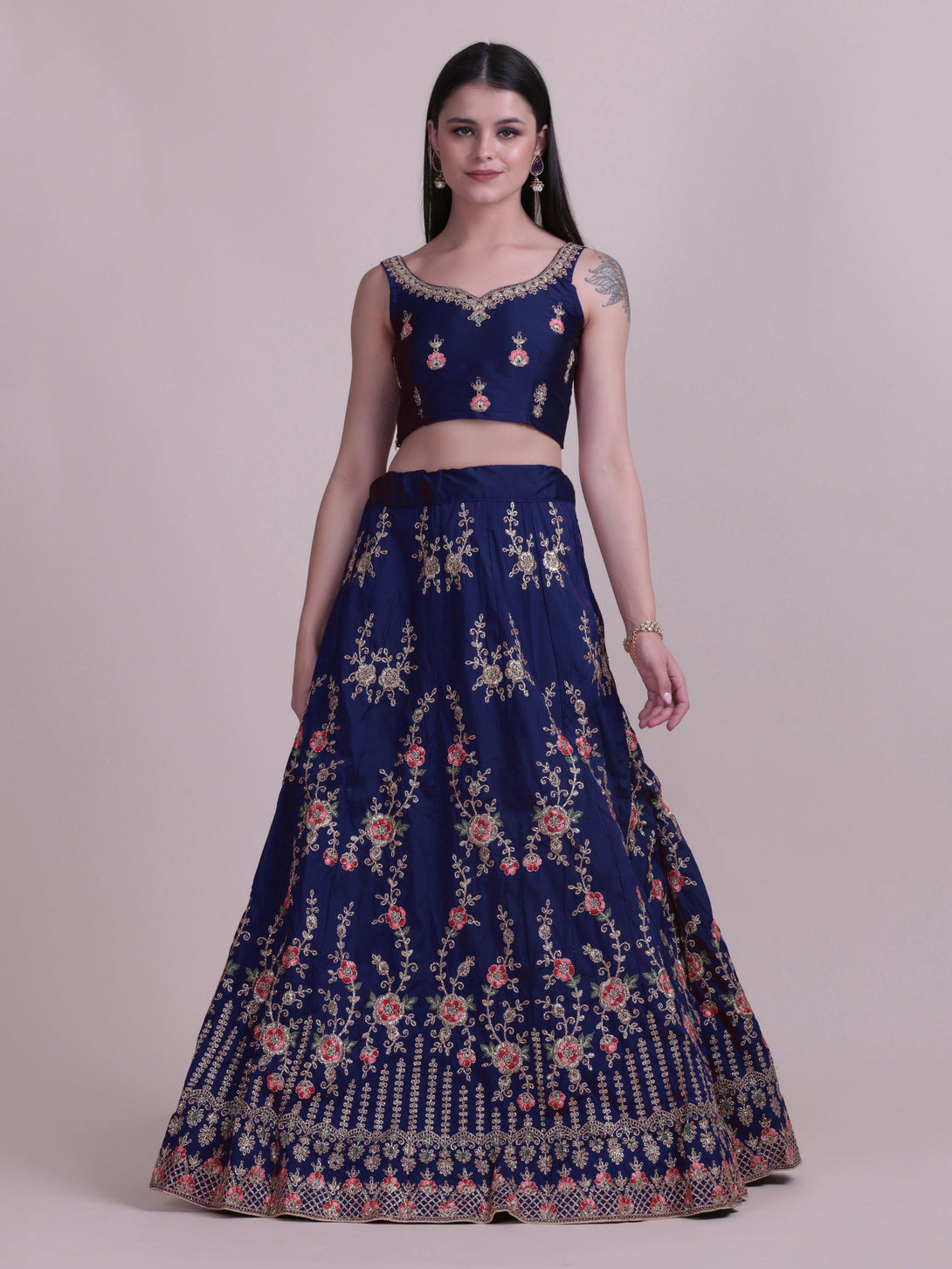 Blue Taffeta Silk Lehenga Choli with Emboidery - Indiakreations