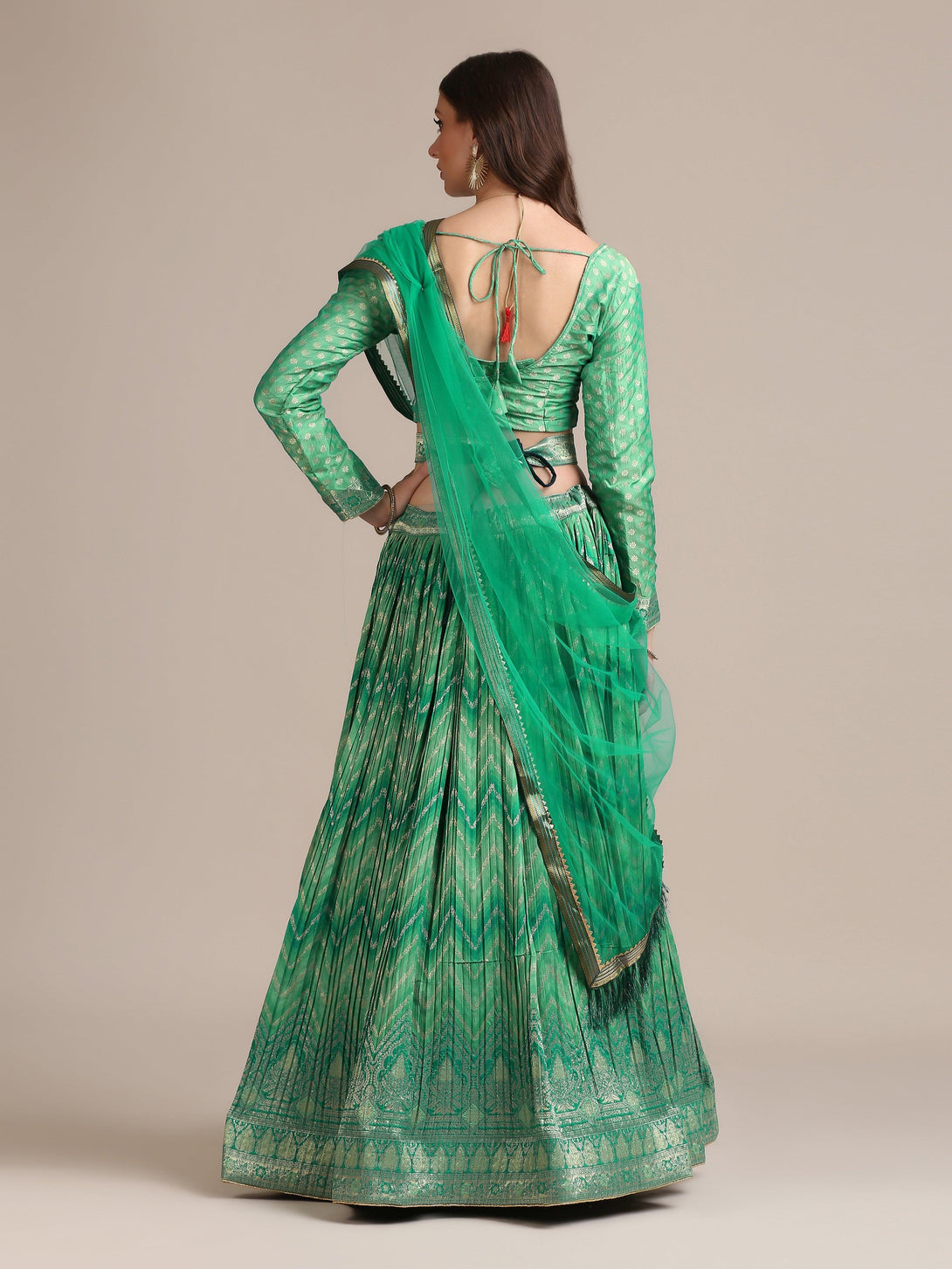 Green Gold Woven and Pleated Lehenga Choli - Indiakreations