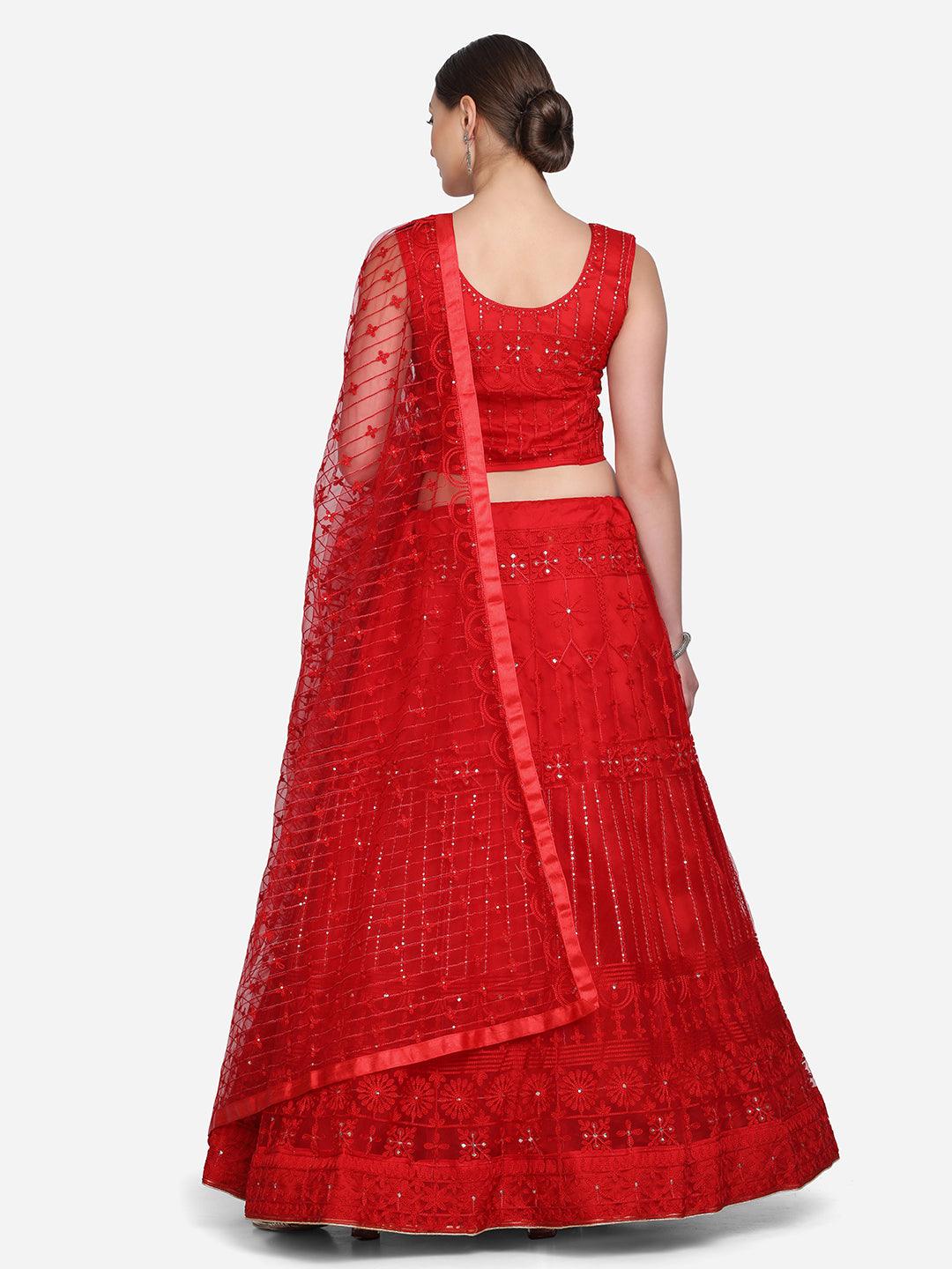 Heavy Net Lehenga Choli with Ethinc Embroidery in Red - Indiakreations