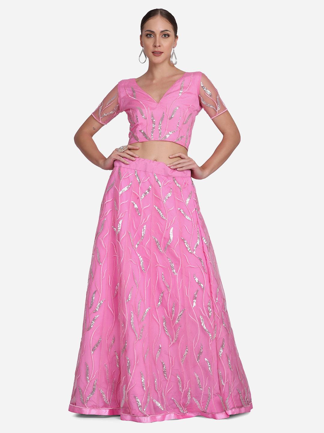 Light Pink Heavy Net Lehenga Choli Semi-Stitched - Indiakreations