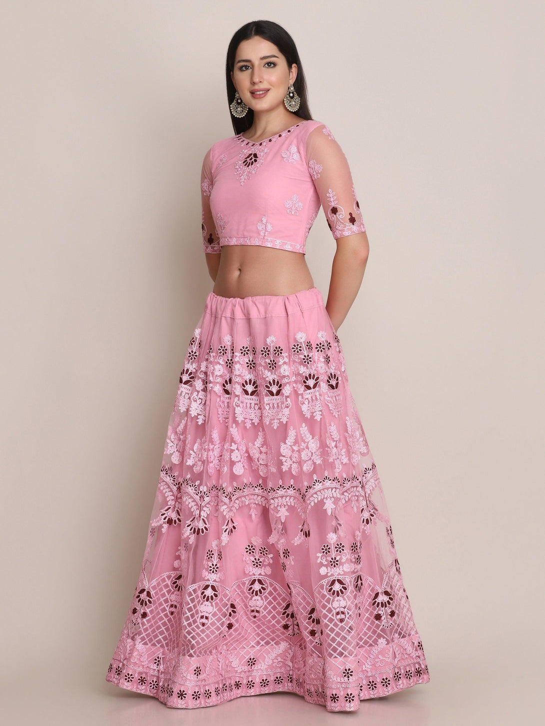 Light Pink Net Lehenga Choli with Floral Embroidery - Indiakreations