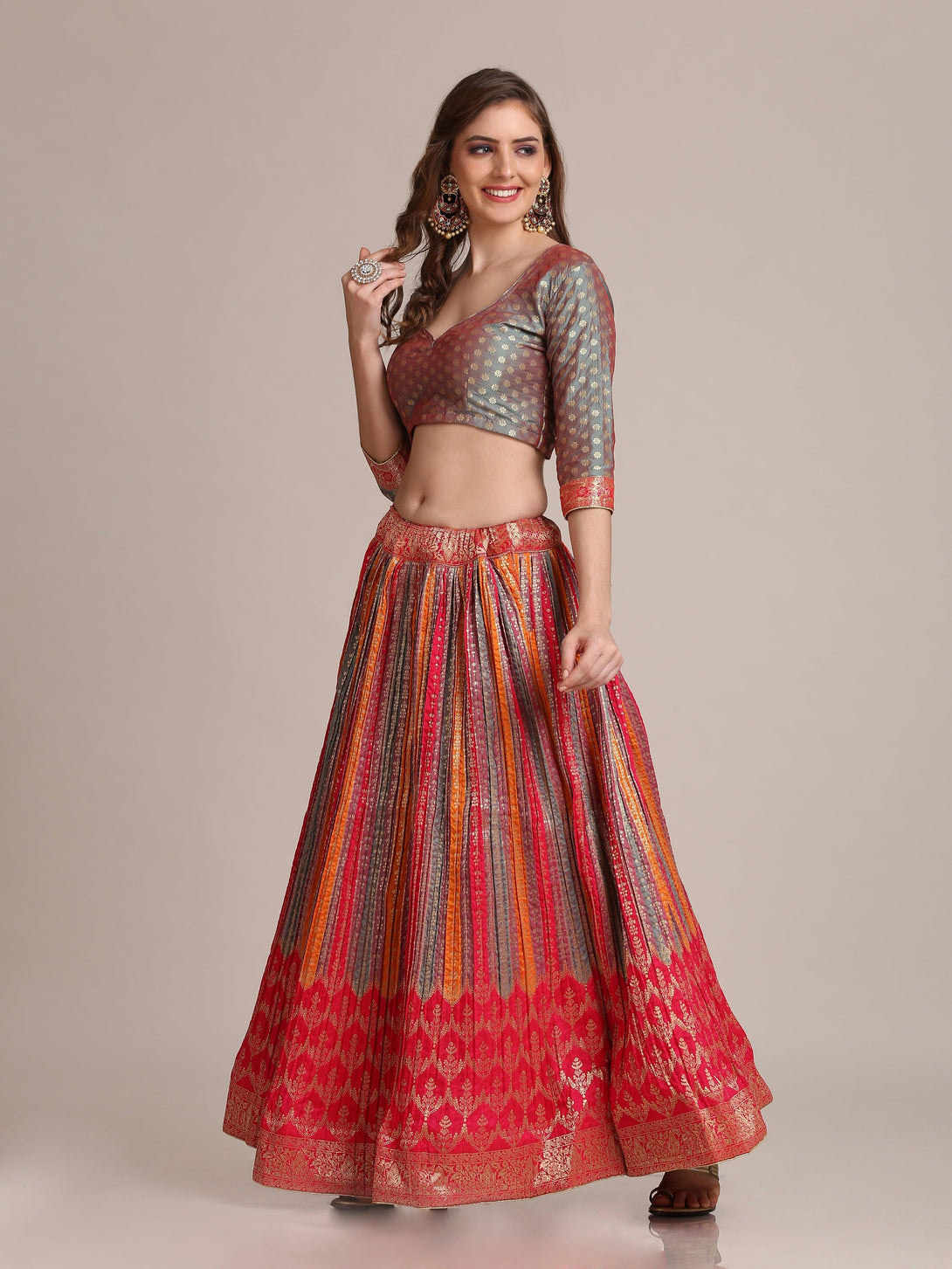 Multi Colour Gold Woven and Pleated Lehenga Choli - Indiakreations