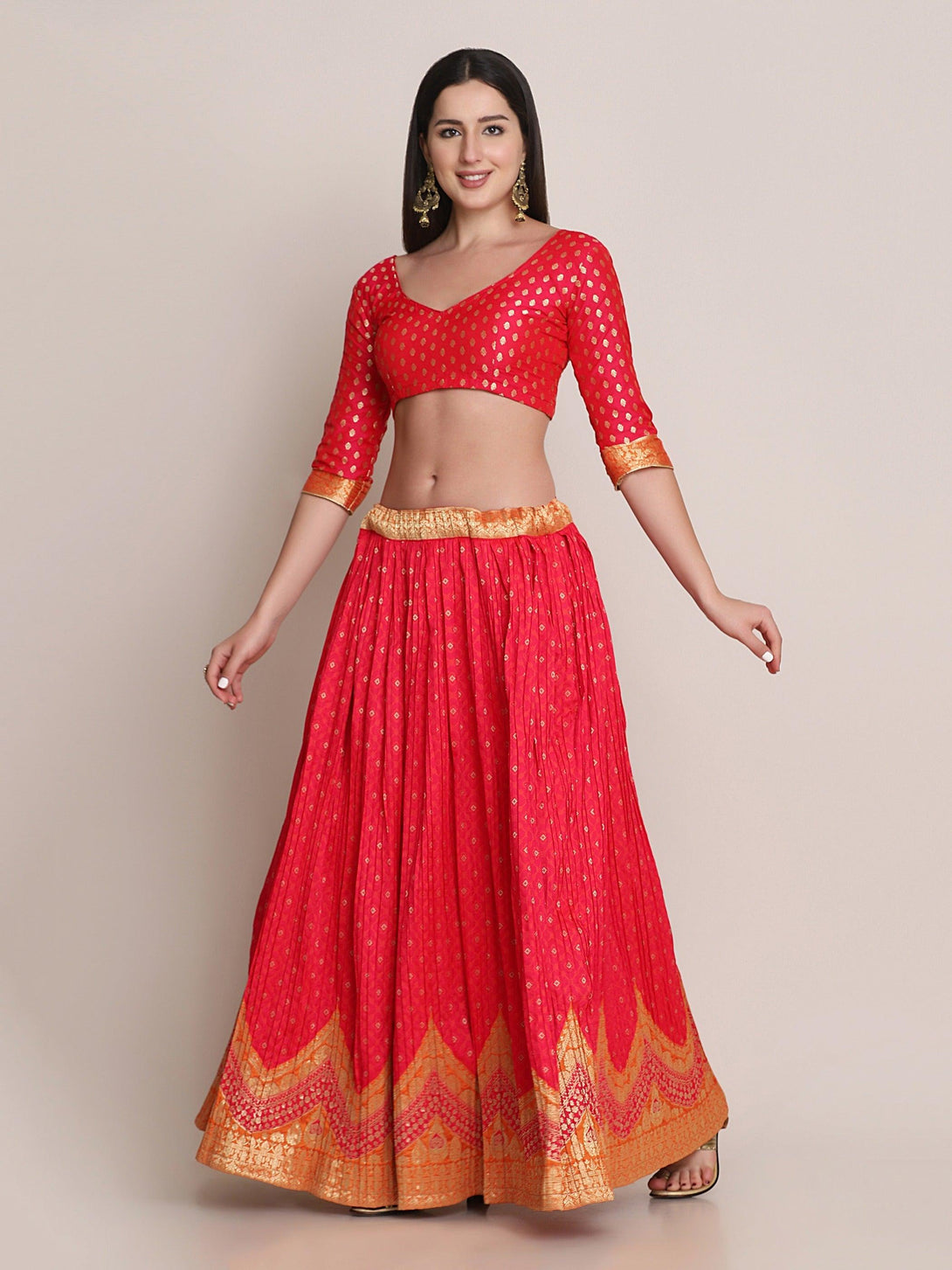 Pink Silk Blend Lehenga Choli with Gold Zari Work - Indiakreations