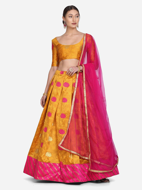 Yellow and Pink Taffeta Silk Lehenga Choli with Zari Work - Indiakreations