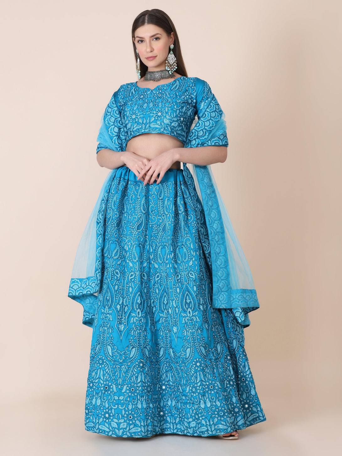 Sea Green Taffeta Silk Lehenga Choli with Floral Embroidery - Indiakreations