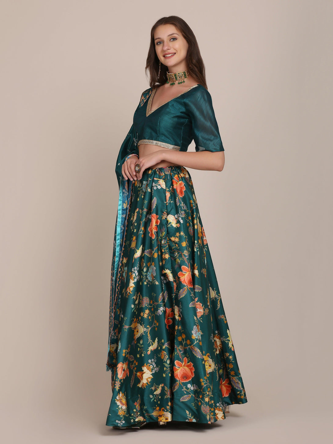 Sea Green Floral Print Banglory Silk Lehenga Choli - Indiakreations