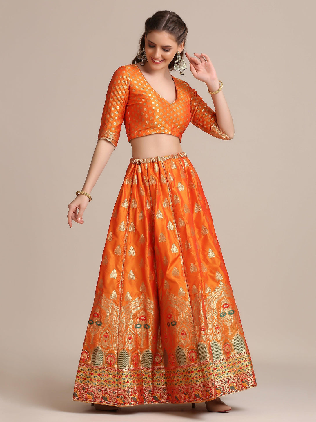 Mustard Jacquard Silk Lehenga Choli with Green and Gold Woven Work - Indiakreations