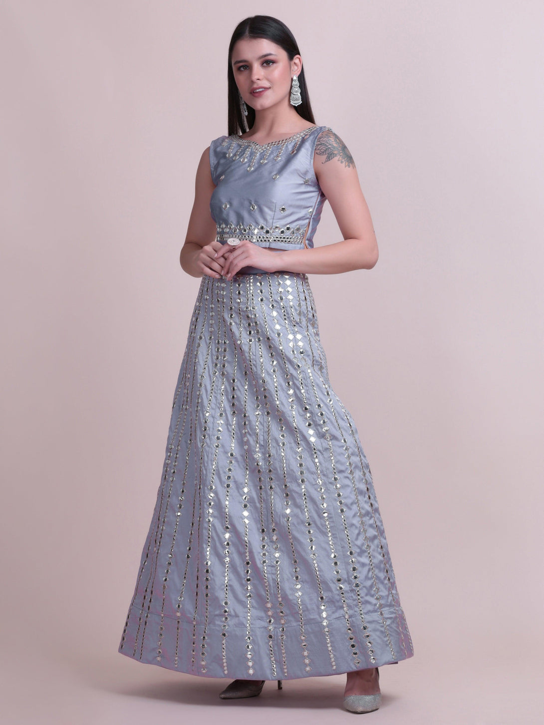 Grey Taffeta Silk Lehenga Choli with Mirror-Work - Indiakreations