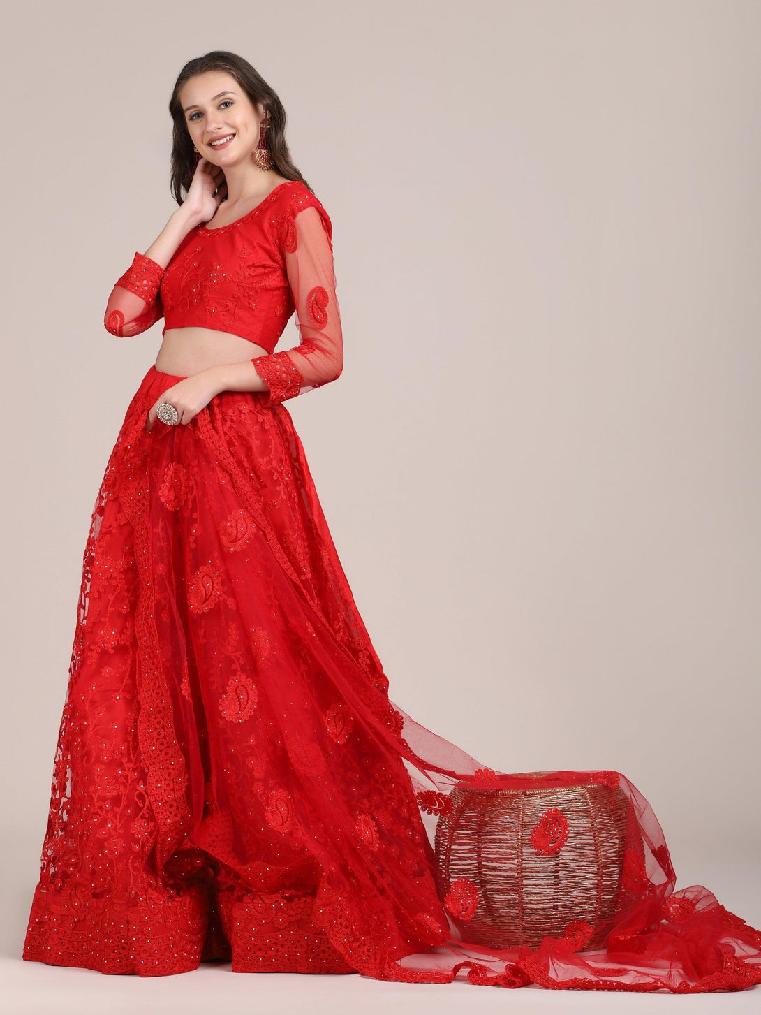 Red Net Lehenga Choli with Floral Embroidery - Indiakreations