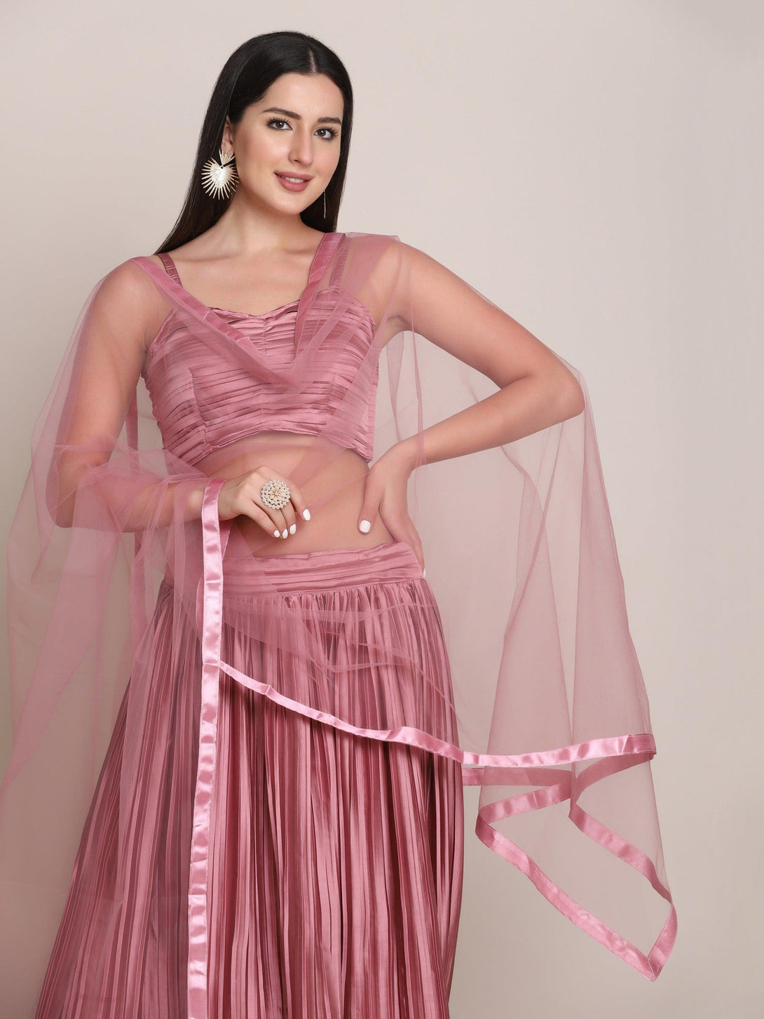 Light Pink Pleated Solid Lehenga Choli - Indiakreations