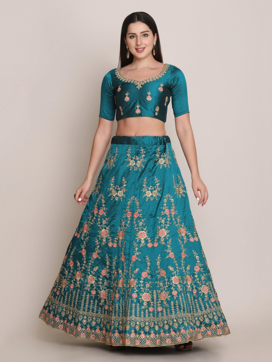 Sea Green Taffeta Silk Embroidered Lehenga Choli - Indiakreations