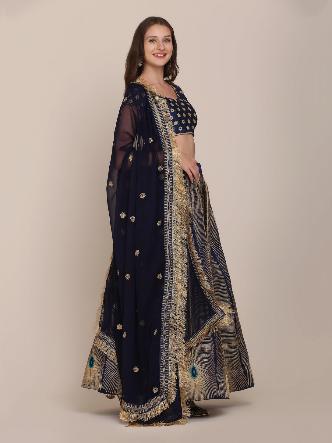 Navy Blue Morpankh Print Banglory Silk Lehenga Choli - Indiakreations