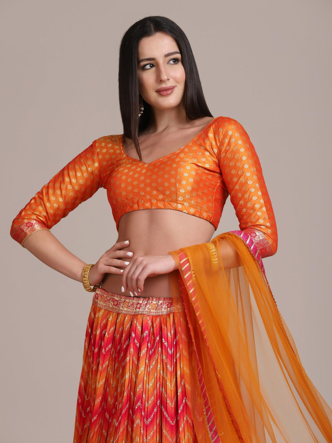 Orange Silk Blend Pleated Lehenga Choli with Zari Work - Indiakreations