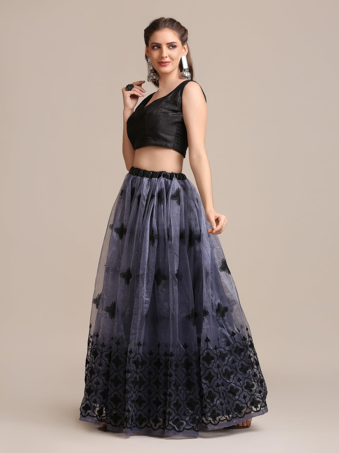 Grey Heavy Net Lehenga Choli Semi-Stitched - Indiakreations