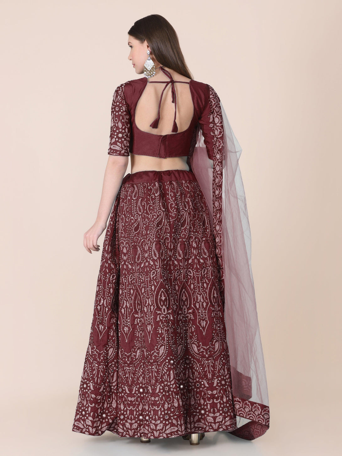 Maroon Taffeta Silk Lehenga Choli with Floral Embroidery - Indiakreations