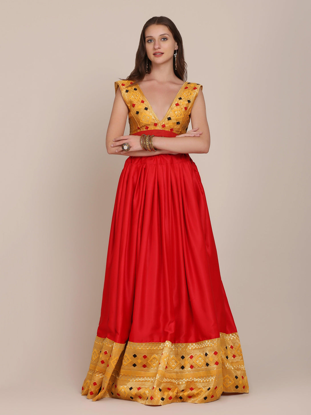 Red and Yellow Satin Silk Lehenga Choli - Indiakreations