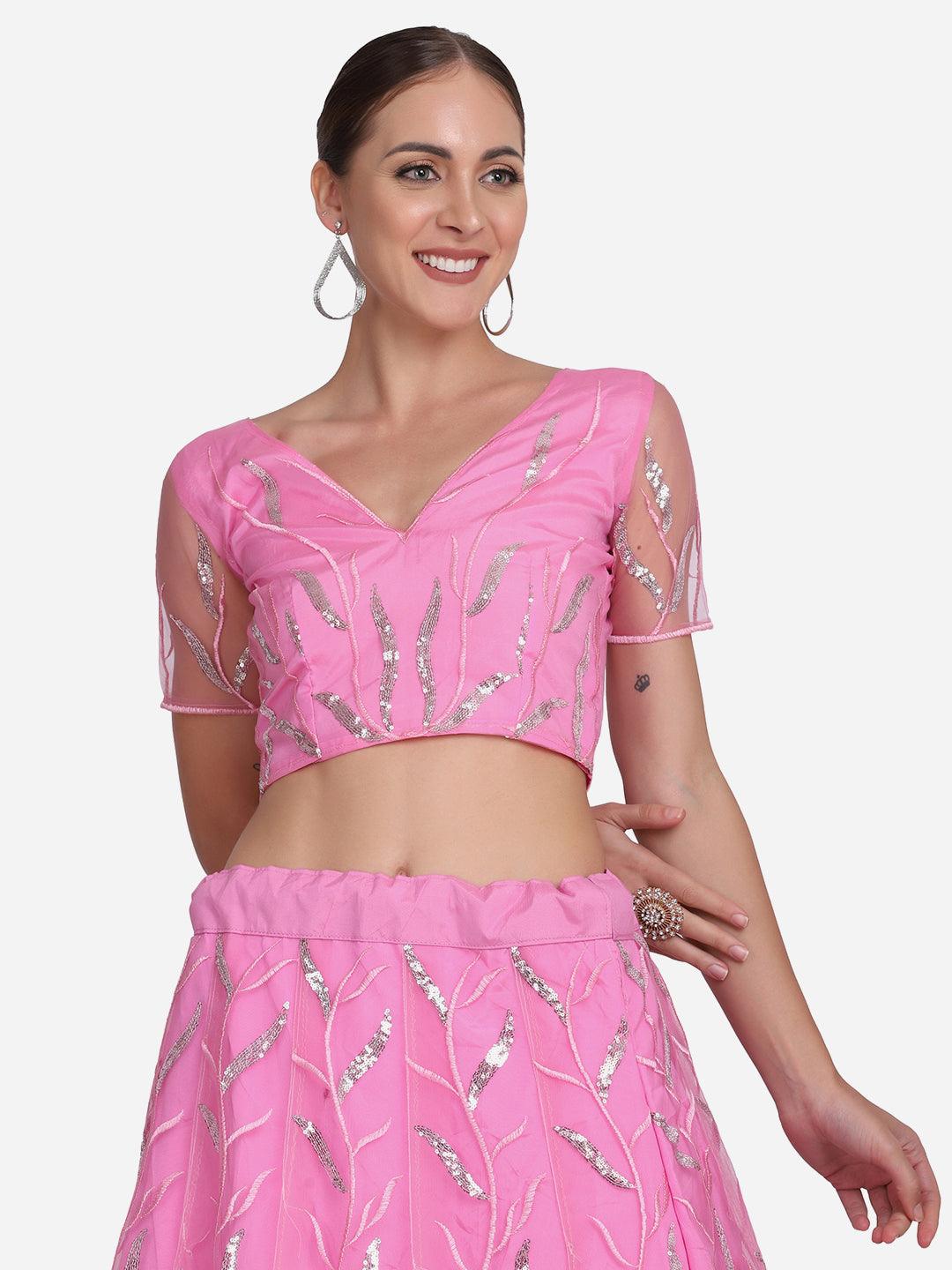 Light Pink Heavy Net Lehenga Choli Semi-Stitched - Indiakreations