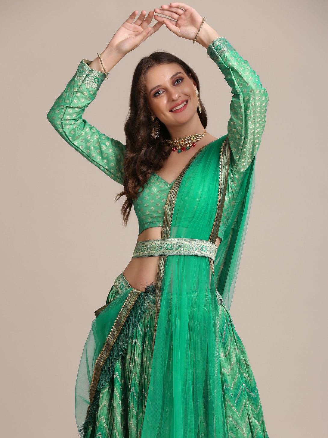 Green Gold Woven and Pleated Lehenga Choli - Indiakreations