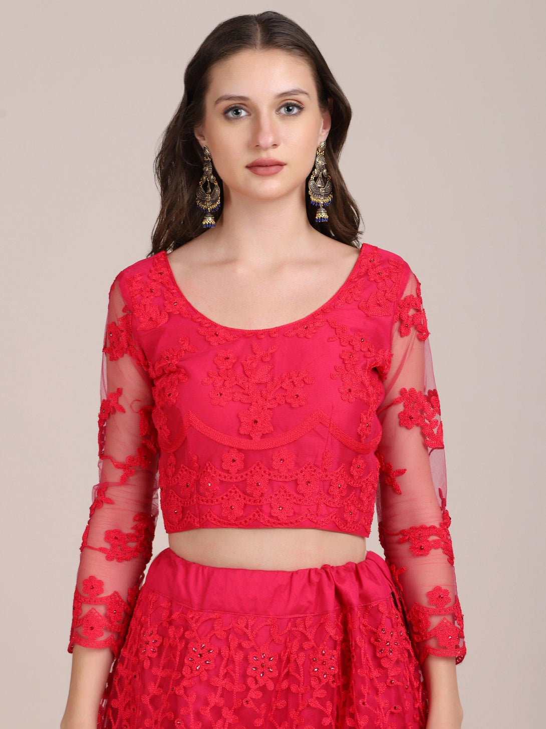 Hot Pink Net Lehenga Choli with Floral Embroidery - Indiakreations