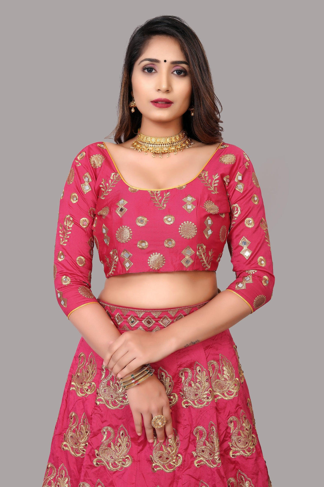 Semi-Stitched Pink Taffeta Silk Lehenga Choli - Indiakreations