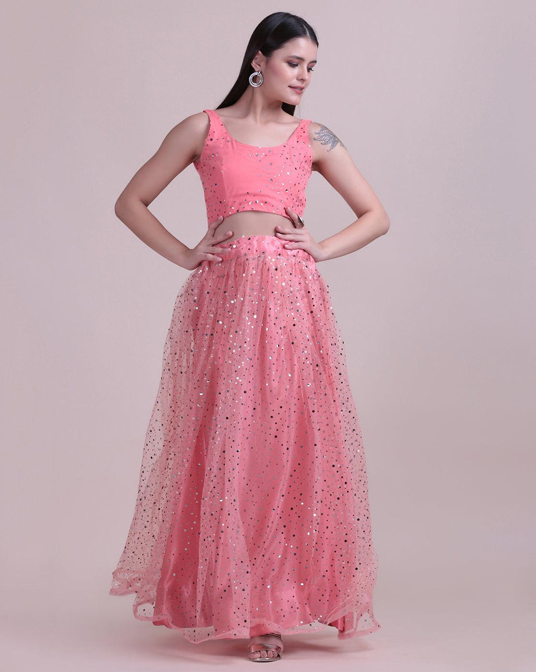 Peach Heavy Net Lehenga Choli Semi-Stitched with Sequins - Indiakreations