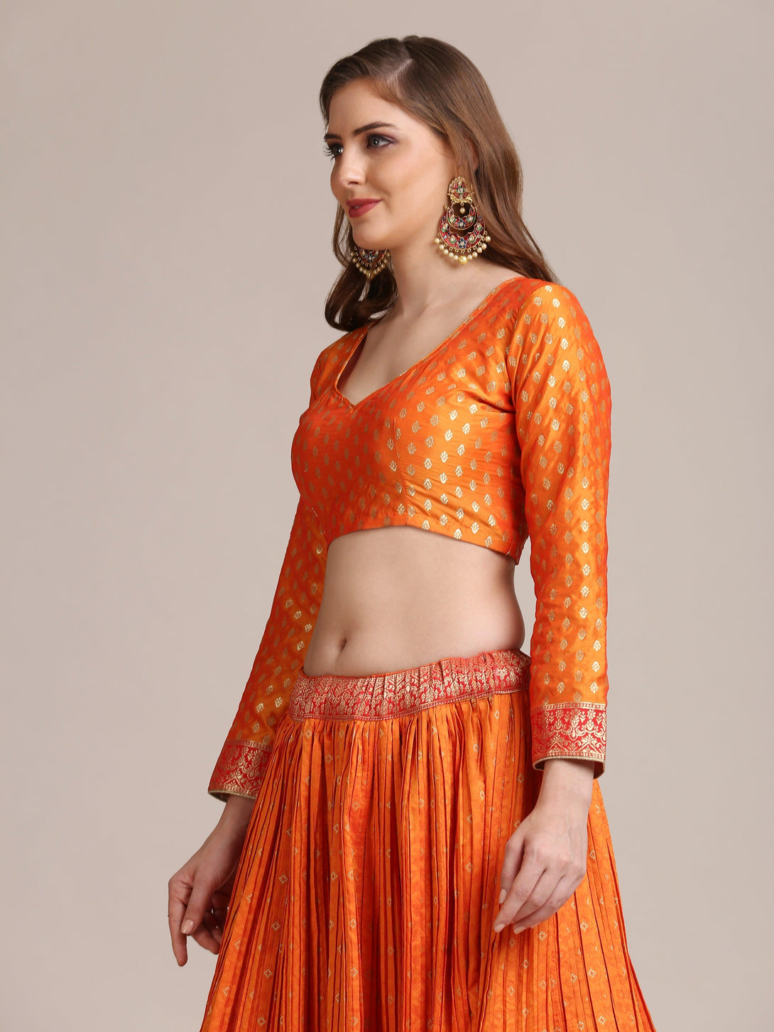 Orange Gold Woven Pleated Lehenga Choli in Ethnic Pattern - Indiakreations