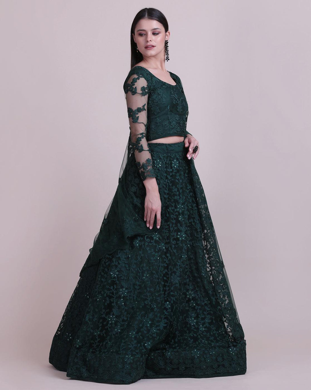 Dark Green Net Lehenga Choli with Floral Embroidery - Indiakreations