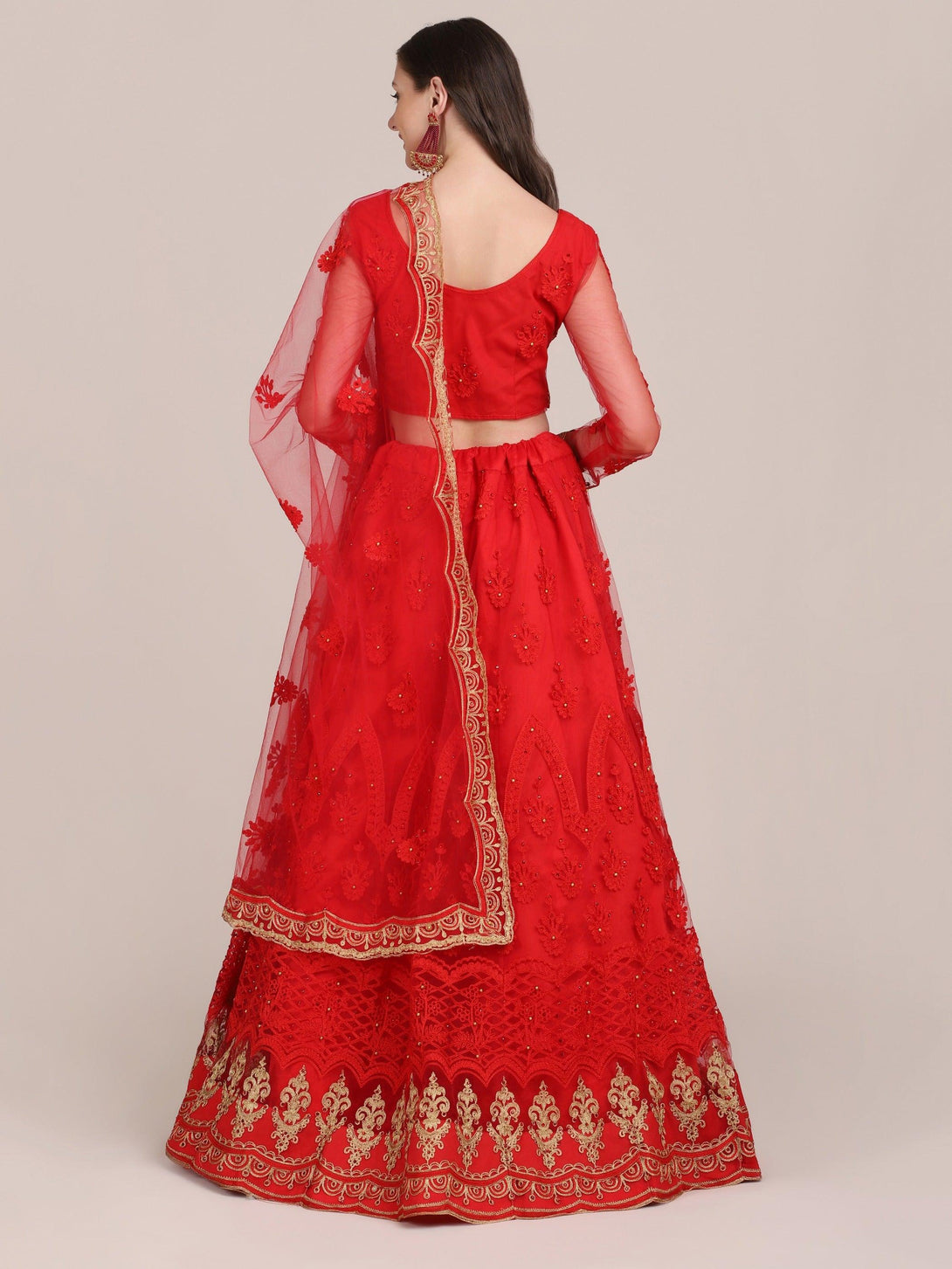 Red Semi-Stitched Net Lehenga Choli with Golden Embroidery - Indiakreations