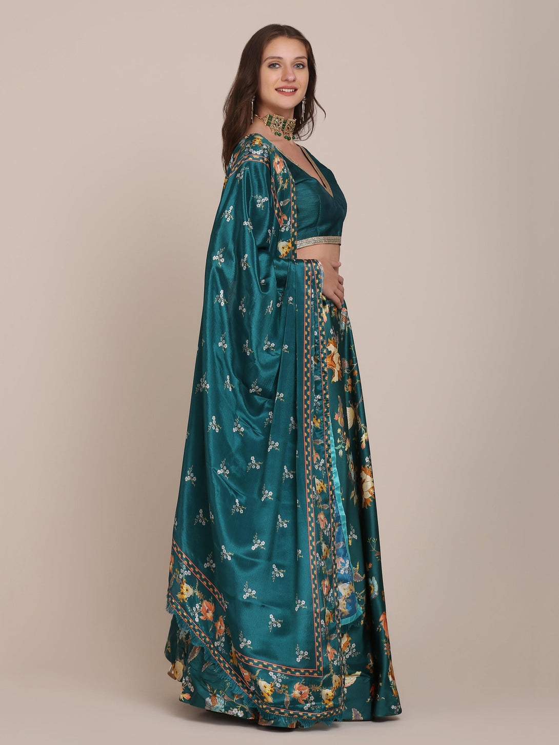 Sea Green Floral Print Banglory Silk Lehenga Choli - Indiakreations