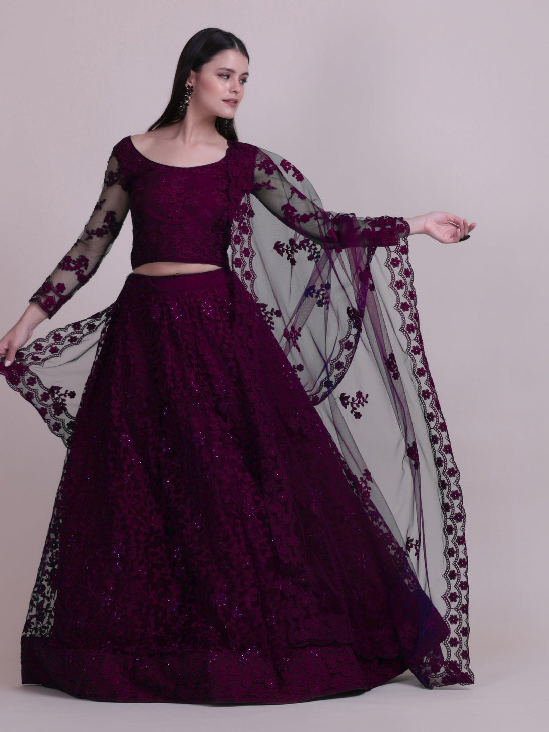 Purple Net Lehenga Choli with Floral Embroidery - Indiakreations